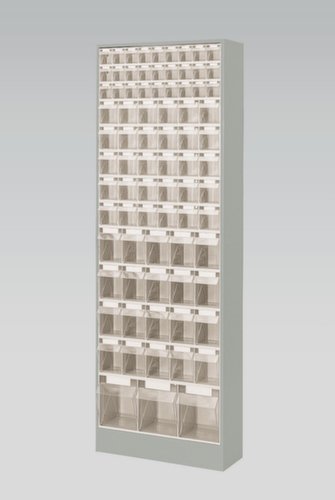 Magazinschrank mit Klappkästen, 80 Kästen, transparent