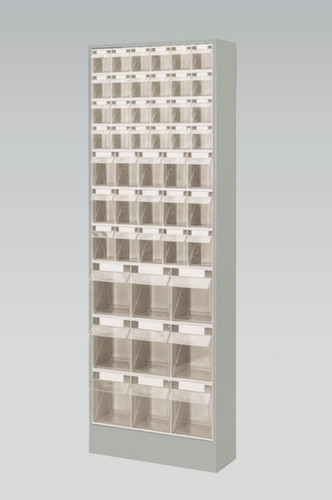 Magazinschrank mit Klappkästen, 48 Kästen, transparent