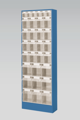 Magazinschrank mit Klappkästen, 31 Kästen, transparent