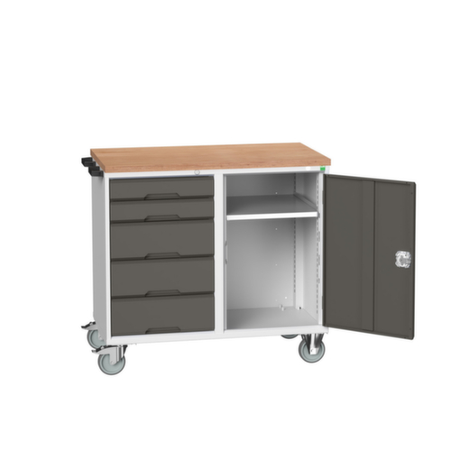 bott Fahrbarer Montagetisch verso, 5 Schubladen, 1 Schrank, RAL7035 Lichtgrau/RAL7016 Anthrazitgrau