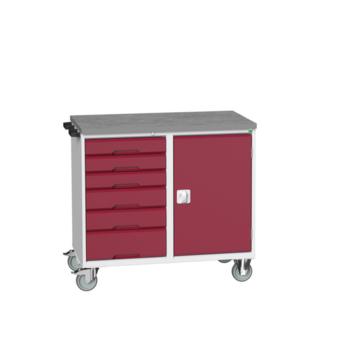 bott Fahrbarer Montagetisch verso, 6 Schubladen, 1 Schrank, RAL7035 Lichtgrau/RAL3004 Purpurrot