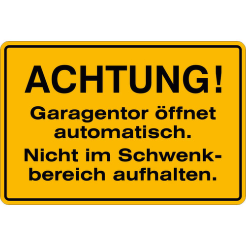 Hinweisschild SafetyMarking® für Tankanlagen, "Achtung! Garagentor öffnet automatisch."