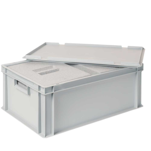 Euronorm-Stapelbehälter mit 2 Isolierboxen, grau, Inhalt 44,5 l, Auflagedeckel für Isolierbox