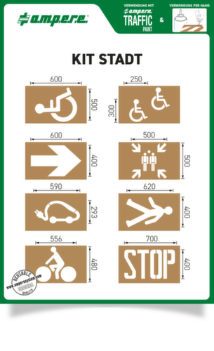 a.m.p.e.r.e. Schablonenset Stadt zur Bodenmarkierung, Rollstuhlfahrer, Pfeil, Sammelstelle, Ladestation, Fußgänger, Fahrrad, Stop