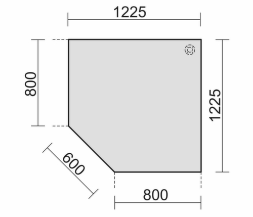 Gera Eckiges Verkettungselement Pro 90° für 4-Fußgestell, Breite x Tiefe 1225 x 1225 mm, Platte Nussbaum Technische Zeichnung 1 L