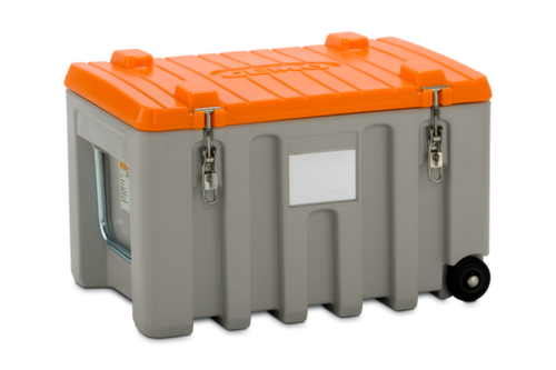Cemo Mobile Aufbewahrungsbox unterfahrbar, Inhalt 150 l, grau/orange, Klappdeckel Standard 2 L
