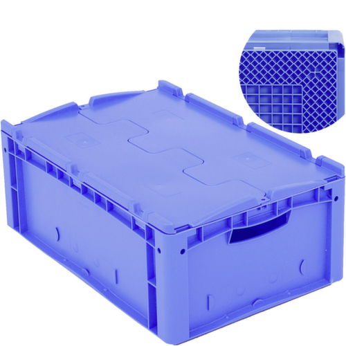 Euronorm-Stapelbehälter mit Rippenboden, blau, Inhalt 69 l, Zweiteiliger Scharnierdeckel Standard 2 L