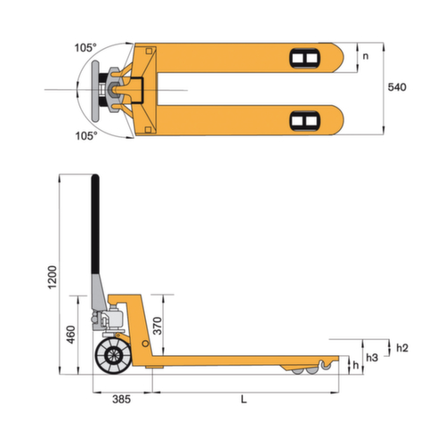Gabelhubwagen, 2500 kg Traglast, Vollgummi/Polyurethan Technische Zeichnung 1 L