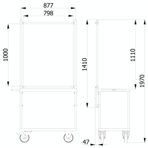 fetra Hygieneschutzwand für Transportwagen, Höhe x Breite 1410 x 910 mm Technische Zeichnung 1 L