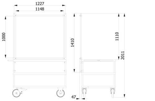 fetra Hygieneschutzwand für Transportwagen, Höhe x Breite 1410 x 1260 mm Technische Zeichnung 1 L