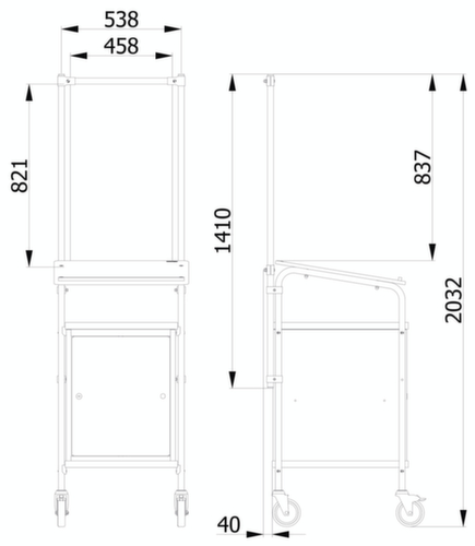 fetra Hygieneschutzwand für Transportwagen, Höhe x Breite 1410 x 571 mm Technische Zeichnung 1 L