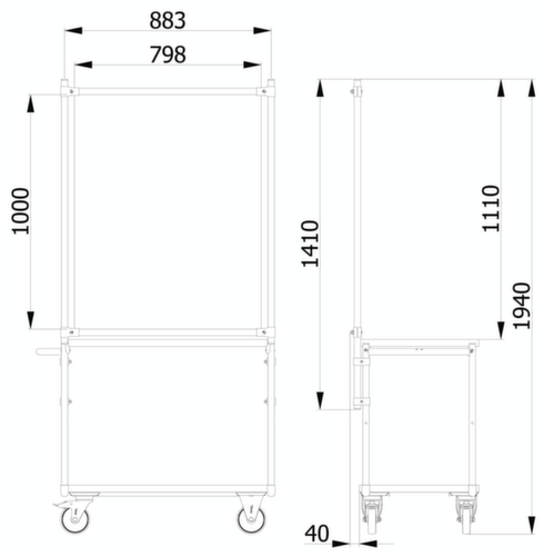 fetra Hygieneschutzwand für Transportwagen, Höhe x Breite 1410 x 916 mm Technische Zeichnung 1 L