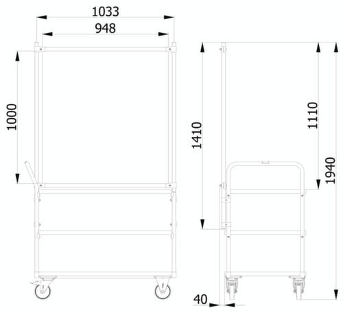 fetra Hygieneschutzwand für Transportwagen, Höhe x Breite 1410 x 1066 mm Technische Zeichnung 1 L