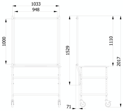 fetra Hygieneschutzwand für Transportwagen, Höhe x Breite 1529 x 1066 mm Technische Zeichnung 1 L