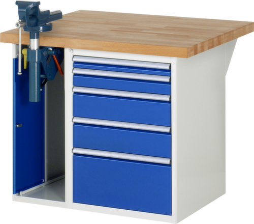 RAU Werkbank Serie 7000 mit Containergestell, 5 Schubladen, 1 Schrank, 1 Schraubstock, RAL7035 Lichtgrau/RAL5010 Enzianblau