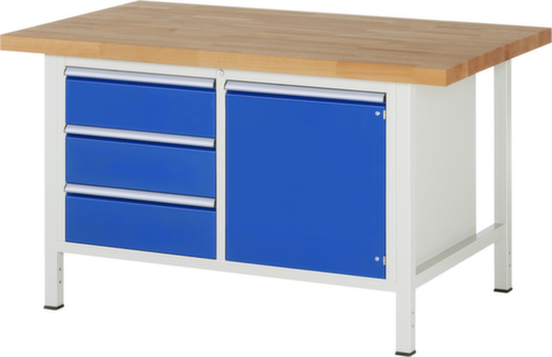 RAU Höhenverstellbare Werkbank Serie 8000, 3 Schubladen, 1 Schrank, RAL7035 Lichtgrau/RAL5010 Enzianblau