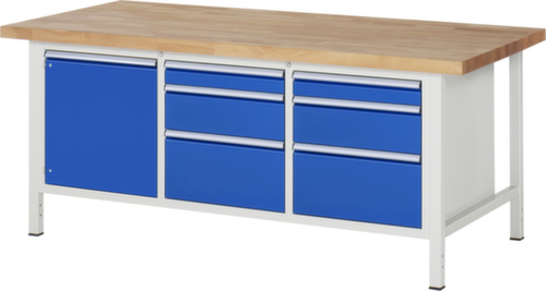 RAU Höhenverstellbare Werkbank Serie 8000, 6 Schubladen, 1 Schrank, RAL7035 Lichtgrau/RAL5010 Enzianblau