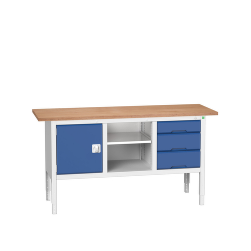 bott Höhenverstellbare Kastenwerkbank verso, 3 Schubladen, 1 Schrank, 1 Ablageboden, RAL7035 Lichtgrau/RAL5010 Enzianblau
