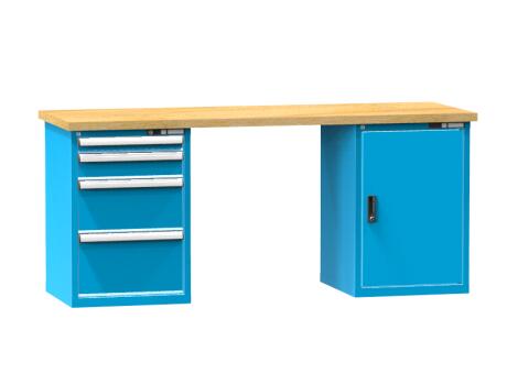 Werkbank Ruba, 4 Schubladen, 1 Schrank, RAL5012 Lichtblau/RAL5012 Lichtblau