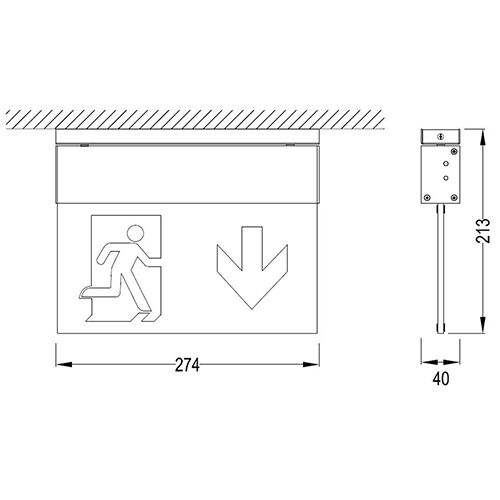 B-Safety LED-Rettungszeichenleuchte, Befestigung Decke Technische Zeichnung 1 L