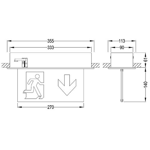 B-Safety LED-Rettungszeichenleuchte L-LUX Standard, Befestigung Zum Einbau in Decken Technische Zeichnung 1 L