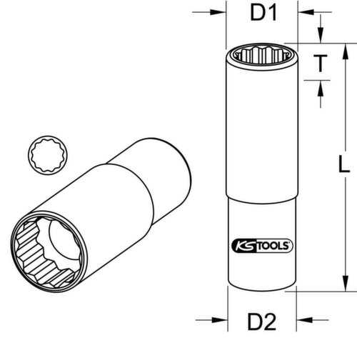 KS Tools 1/2" 12-kant-Stecknuss Technische Zeichnung 1 L
