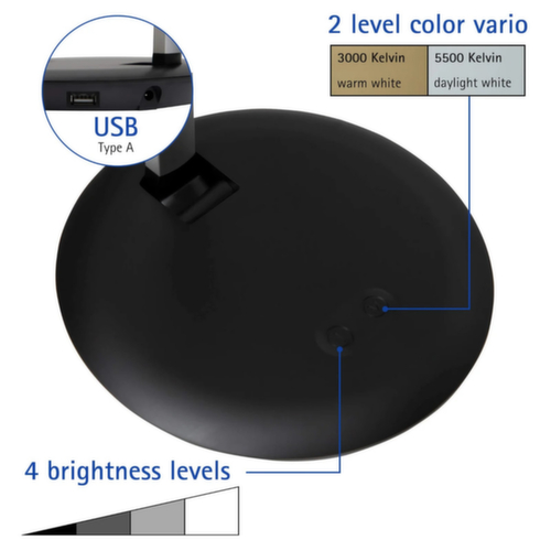 MAUL Dimmbare LED-Schreibtischleuchte MAULrubia colour vario, Licht kalt- bis warmweiß, silber/schwarz Detail 2 L