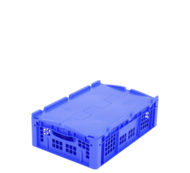 Euronorm-Stapelbehälter Wände + Boden durchbrochen, blau, Inhalt 32 l, Zweiteiliger Scharnierdeckel
