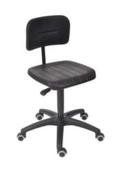 Arbeitsstuhl mit höhenverstellbarer Rückenlehne, Sitz PU-Schaum mit Stahleinlage schwarz, mit Rollen