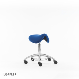 Löffler Sattelsitzhocker Sedlo mit Fußauslösung, Sitz blau, Rollen