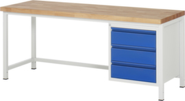 RAU höhenverstellbare Werkbank Serie 8000 mit Bucheplatte, 3 Schubladen, RAL7035 Lichtgrau/RAL5010 Enzianblau
