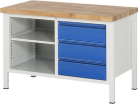 RAU höhenverstellbare Werkbank Serie 8000 mit Bucheplatte, 3 Schubladen, 1 Ablageboden, RAL7035 Lichtgrau/RAL5010 Enzianblau