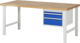 RAU Höhenverstellbare Werkbank Serie 7000, 3 Schubladen, RAL7035 Lichtgrau/RAL5010 Enzianblau