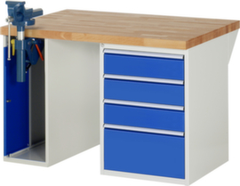 RAU Werkbank Serie 7000 mit Containergestell, 4 Schubladen, 1 Schrank, 1 Schraubstock, RAL7035 Lichtgrau/RAL5010 Enzianblau