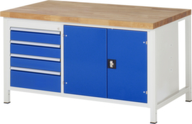 RAU Höhenverstellbare Werkbank Serie 8000, 4 Schubladen, 1 Schrank, RAL7035 Lichtgrau/RAL5010 Enzianblau