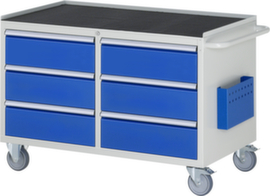 RAU Fahrbare Werkbank Serie 7000, 6 Schubladen, 1 Dokumententasche, 1 Schiebebügel, RAL7035 Lichtgrau/RAL5010 Enzianblau