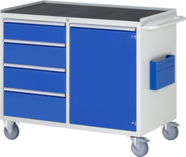 RAU Fahrbare Werkbank Serie 7000, 4 Schubladen, 1 Schrank, 1 Dokumententasche, 1 Schiebebügel, RAL7035 Lichtgrau/RAL5010 Enzianblau