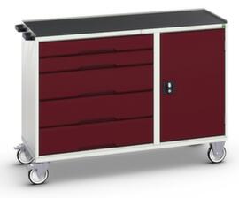 bott Fahrbarer Montagetisch verso, 5 Schubladen, 1 Schrank, RAL7035 Lichtgrau/RAL3004 Purpurrot