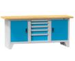 Werkbank Spinell, 5 Schubladen, 2 Schränke, RAL7035 Lichtgrau/RAL5012 Lichtblau