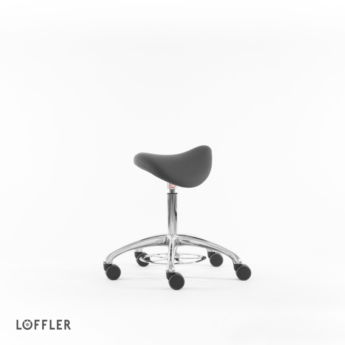 Löffler Sattelsitzhocker Sedlo mit Fußauslösung, Sitz grau, Rollen Standard 2 ZOOM