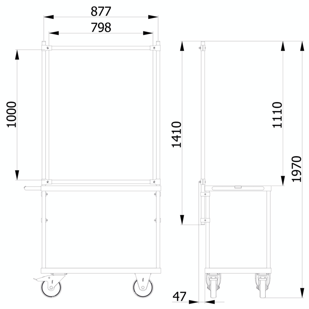 fetra Hygieneschutzwand für Transportwagen, Höhe x Breite 1410 x 910 mm Technische Zeichnung 1 ZOOM