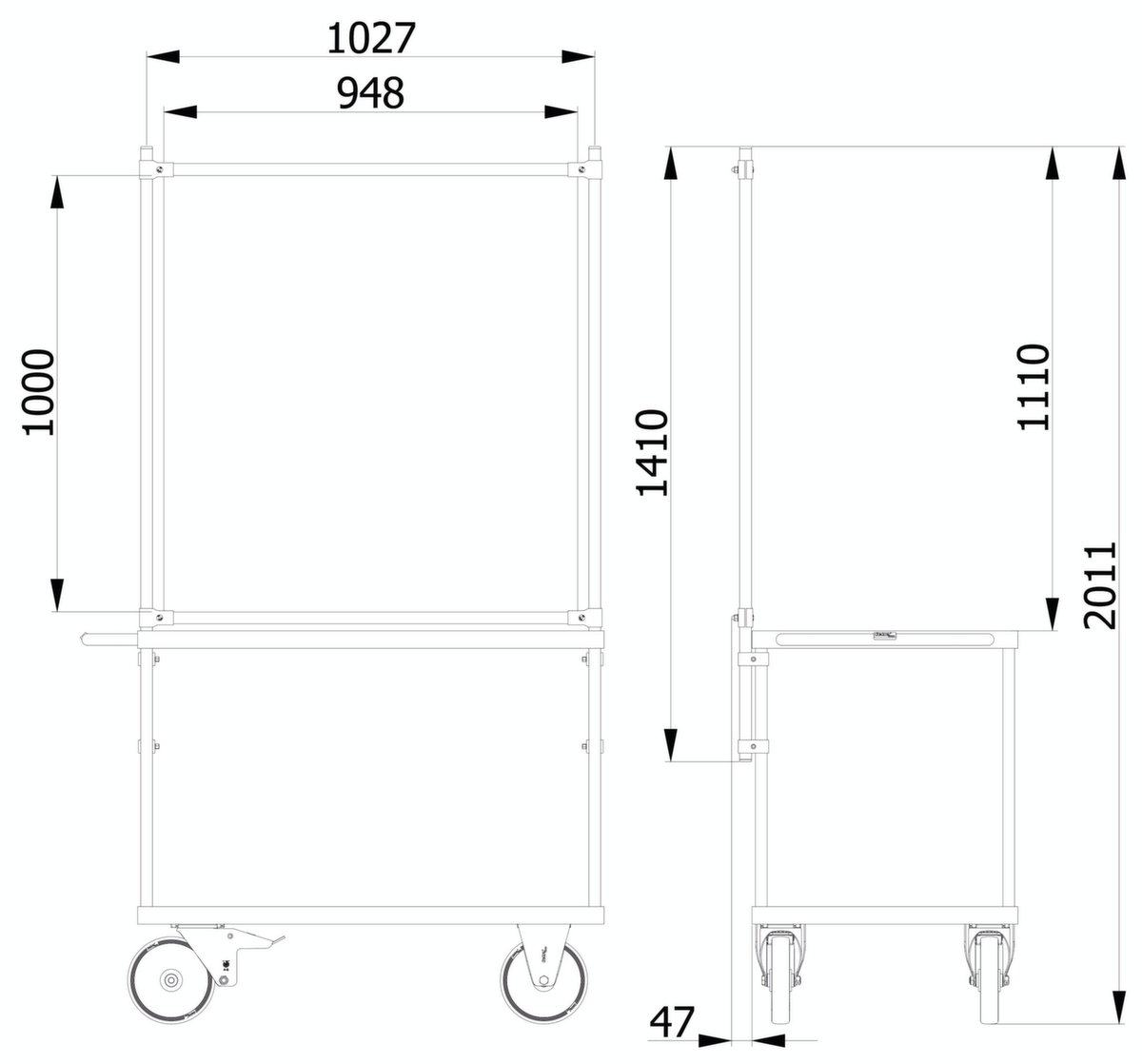 fetra Hygieneschutzwand für Transportwagen, Höhe x Breite 1410 x 1060 mm Technische Zeichnung 1 ZOOM
