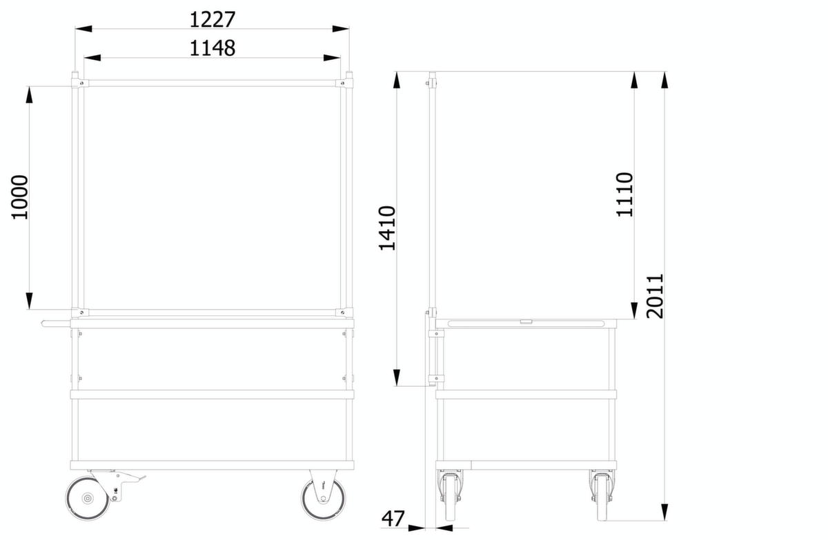 fetra Hygieneschutzwand für Transportwagen, Höhe x Breite 1410 x 1260 mm Technische Zeichnung 1 ZOOM