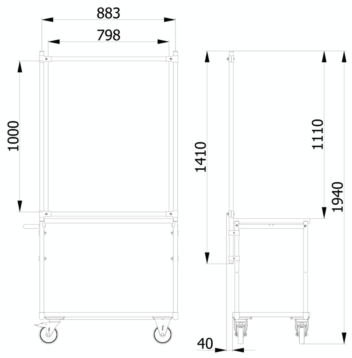 fetra Hygieneschutzwand für Transportwagen, Höhe x Breite 1410 x 916 mm Technische Zeichnung 1 ZOOM