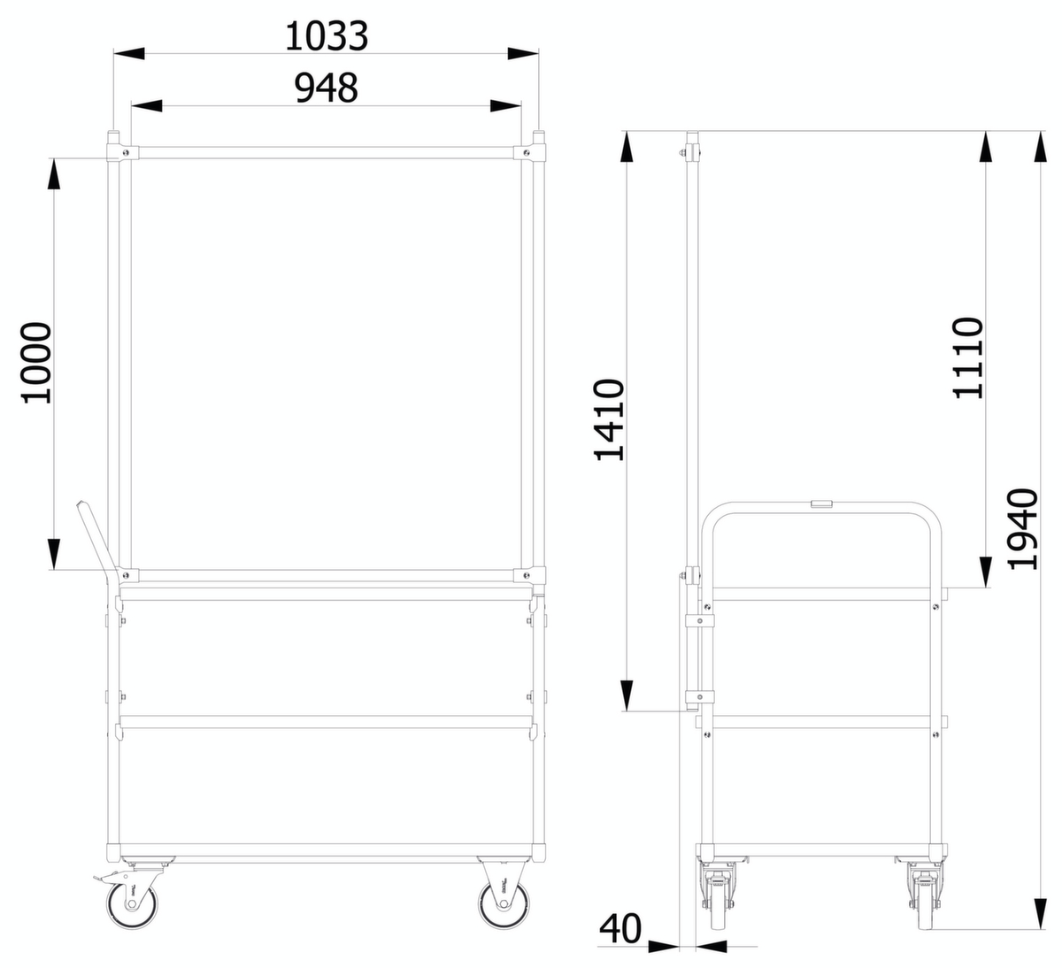 fetra Hygieneschutzwand für Transportwagen, Höhe x Breite 1410 x 1066 mm Technische Zeichnung 1 ZOOM