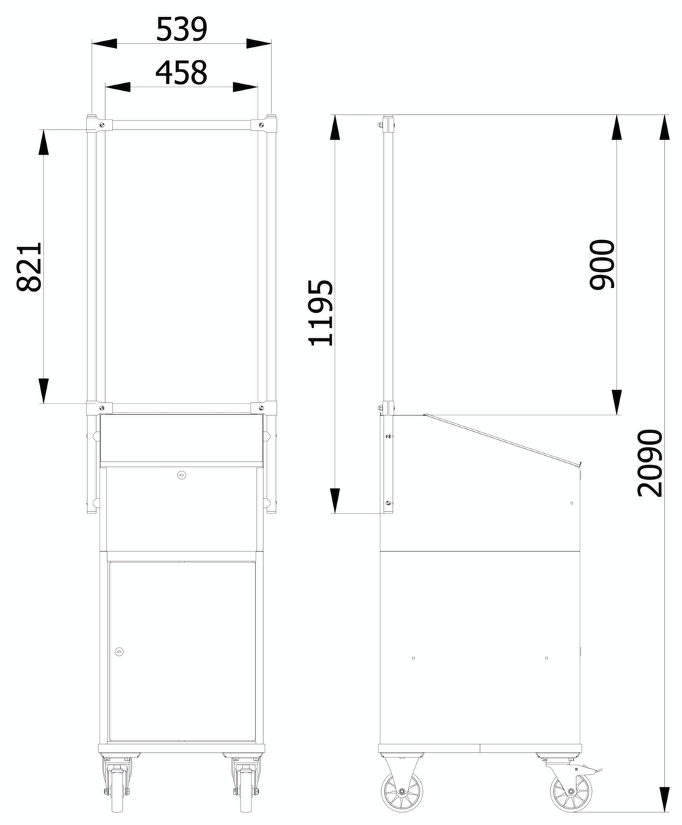 fetra Hygieneschutzwand für Transportwagen, Höhe x Breite 1410 x 571 mm Technische Zeichnung 1 ZOOM