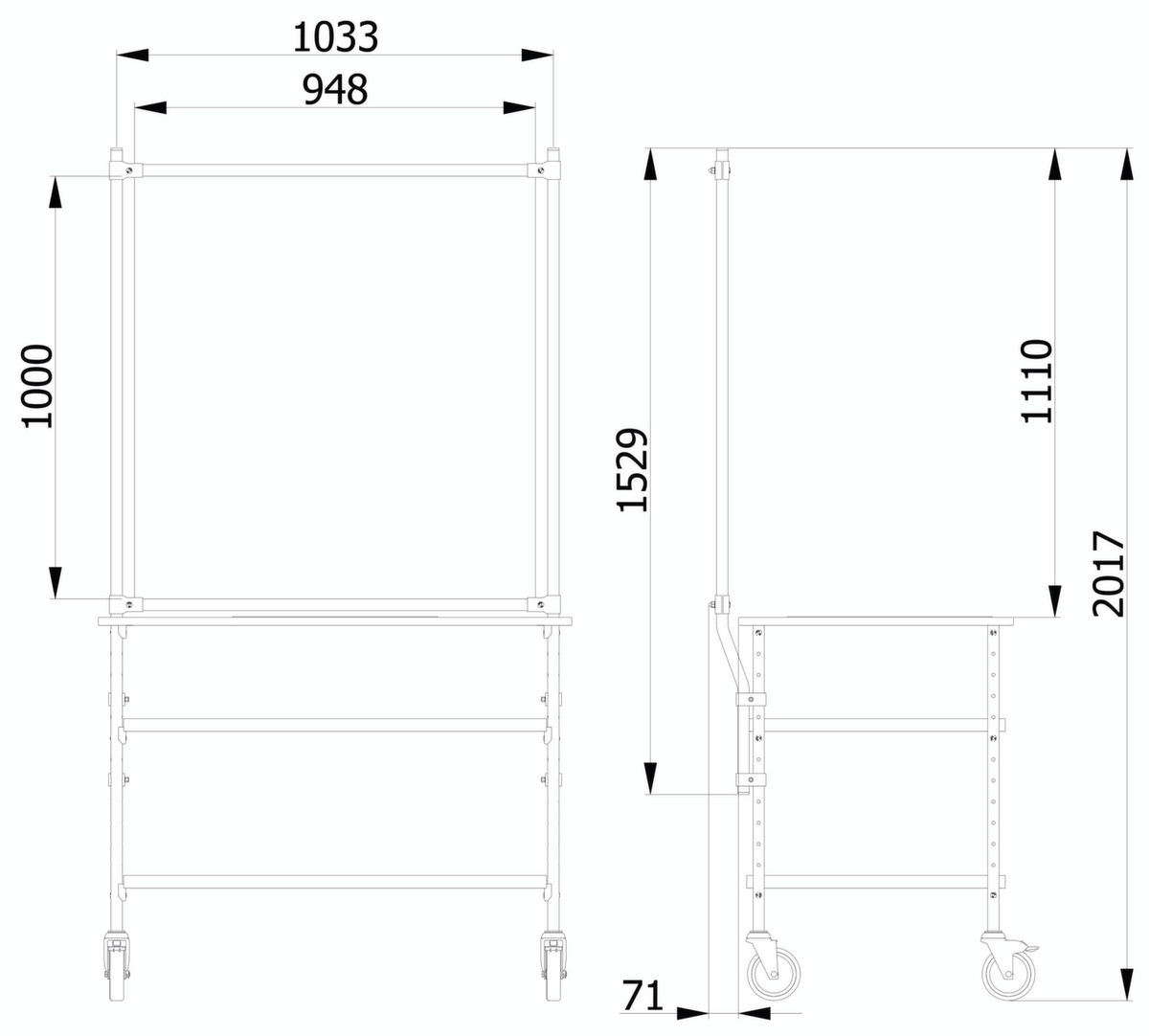 fetra Hygieneschutzwand für Transportwagen, Höhe x Breite 1529 x 1066 mm Technische Zeichnung 1 ZOOM