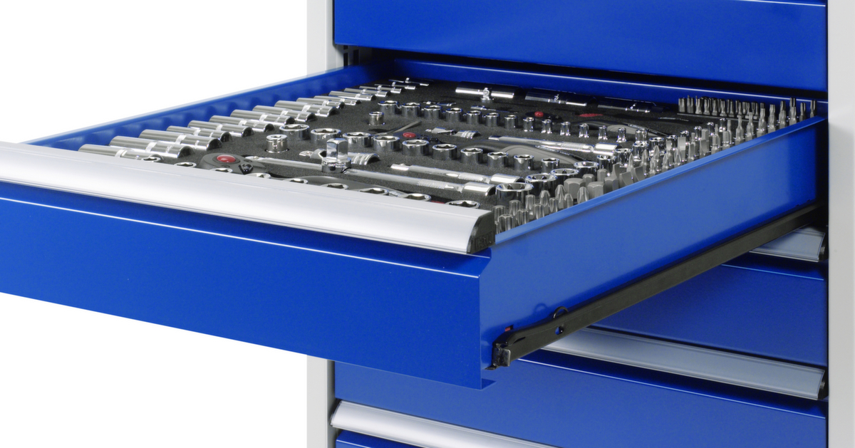 RAU Werkbank Serie 7000 mit Containergestell, 8 Schubladen, RAL7035 Lichtgrau/RAL5010 Enzianblau Detail 3 ZOOM
