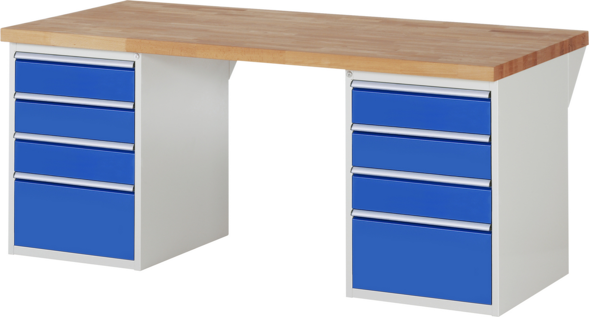 RAU Werkbank Serie 7000 mit Containergestell, 8 Schubladen, RAL7035 Lichtgrau/RAL5010 Enzianblau