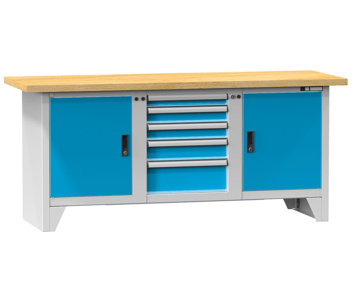 Werkbank Spinell, 5 Schubladen, 2 Schränke, RAL7035 Lichtgrau/RAL5012 Lichtblau